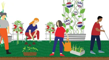 Illustration of 4 people doing gardening