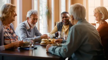 Group of senior people enjoying in conversation during lunch at dining table at nursing home.