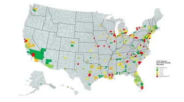 illustration of a US map with black-white mortality rate showing in different colors