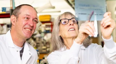 Michele H. Jacob, professor of neuroscience, and Jonathan Alexander, research assistant professor in neuroscience, at work in the Jacobs Lab at the Graduate School of Biomedical Sciences