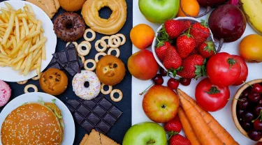 a presentation of a collection of healthy foods alongside unhealthy foods