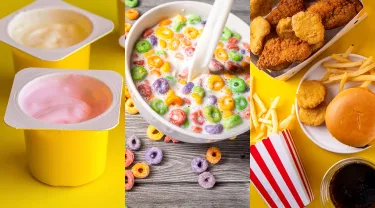 a collage of three photos of examples of ultra-processed foods