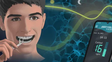 An illustration of a young man using a dental floss pick, with an electronic monitor showing a cortisol reading of 16, with a magnified floss thread with molecules riding on top of it.
