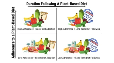 A 2x2 grid graphic titled “Duration Following a Plant-Based Diet” on the top, with the vertical axis labeled “Adherence to a Plant-Based Diet.
