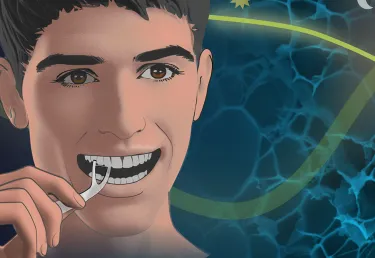 An illustration of a young man using a dental floss pick, with an electronic monitor showing a cortisol reading of 16, with a magnified floss thread with molecules riding on top of it.