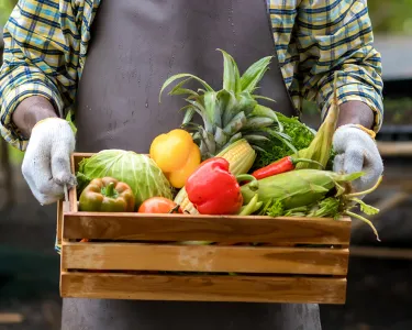 Farmer holding wooden box full of fresh vegetables