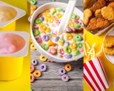 a collage of three photos of examples of ultra-processed foods