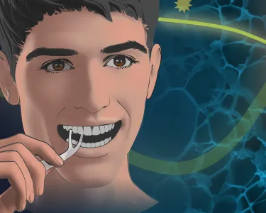 An illustration of a young man using a dental floss pick, with an electronic monitor showing a cortisol reading of 16, with a magnified floss thread with molecules riding on top of it.