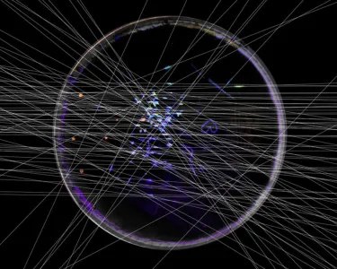 Many thin white lines crossing over a circle against a black background, with small dots of blue and red colors within the circle
