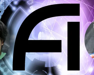 AI graphic with two faculty portraits and abstract digital and physics-themed background